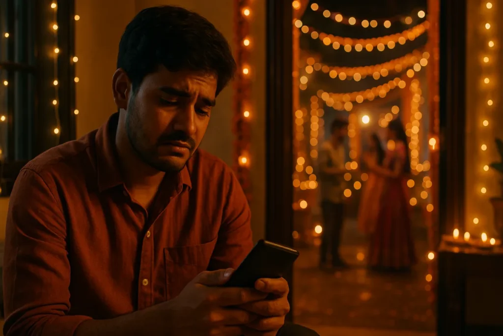 దీపాలతో వెలిగిన ఇంట్లో యువకుడు మొబైల్ చూసుకుంటూ బాధగా కూర్చున్నాడు. వెనుక ఇతరులు సంతోషంగా మాట్లాడుకుంటున్నారు కానీ అతను ఒంటరిగా, ఆర్థిక ఒత్తిడితో బాధపడుతున్నాడు.
