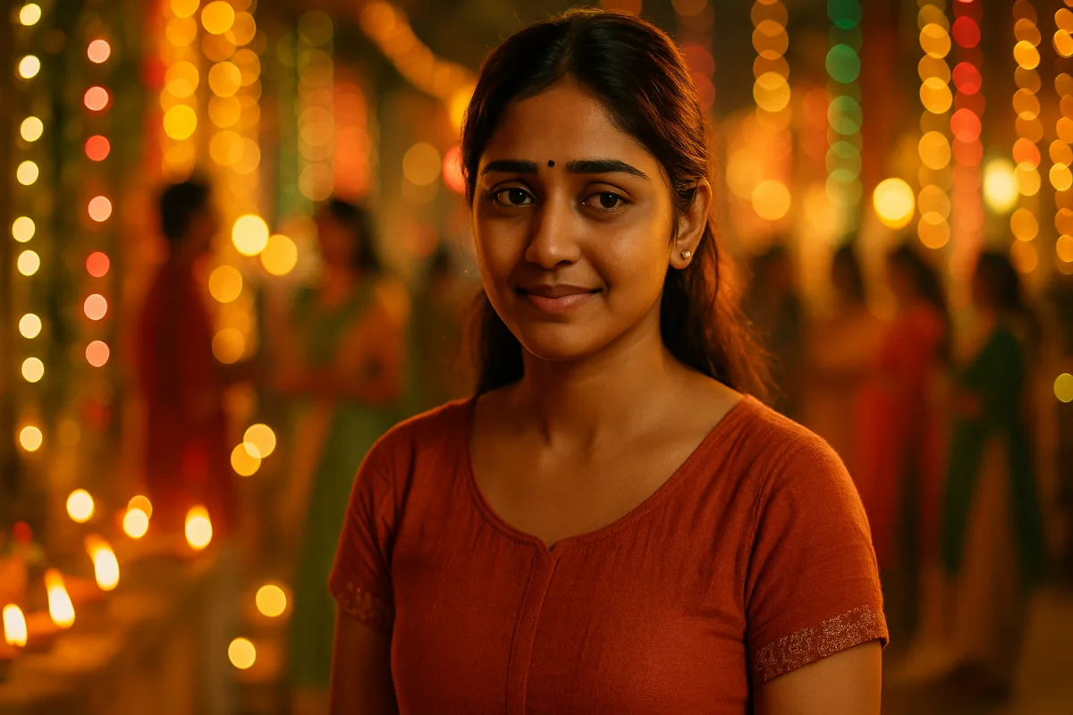 దీపాలతో మెరిసే పండుగ సమయంలో ఒక యువతి స్వల్పంగా నవ్వుతూ నిలబడి ఉంది. కానీ ఆ నవ్వు వెనుక స్వీయ సందేహం, విలువ కోల్పోయిన భావం దాగి ఉంది. వెనుక జనాలు సంతోషంగా మాట్లాడుకుంటున్నారు.