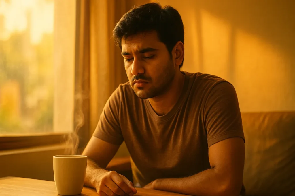 ఉదయాన్నే కాఫీ కప్పుతో ఒంటరిగా కూర్చుని అలసటతో ఉన్న యువకుడు. కిటికీ వెలుగులో ఆలోచనల్లో మునిగిపోయినట్లు కనిపిస్తున్నాడు.