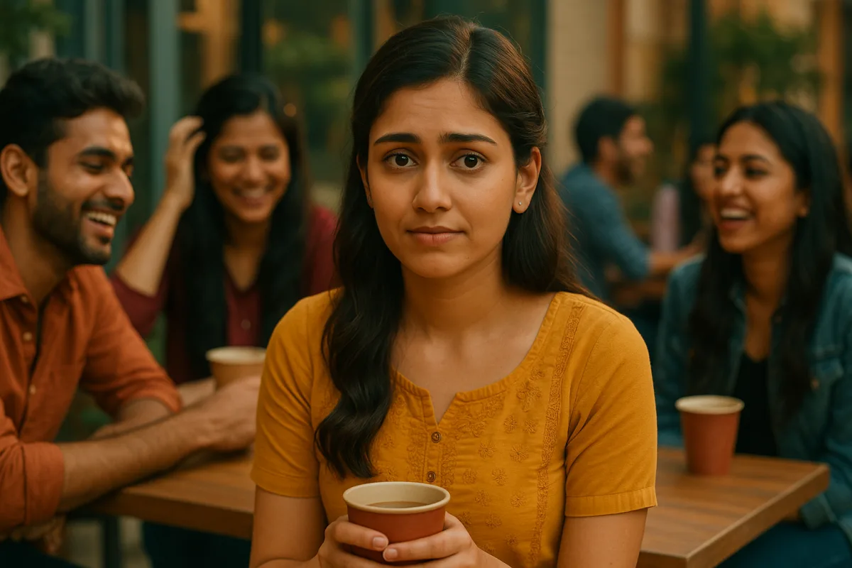 కాఫీ కప్పు పట్టుకుని చుట్టూ ఉన్నవారిని భయంగా చూస్తున్న యువతి. వెనుక స్నేహితులు నవ్వుతూ మాట్లాడుతున్నారు.