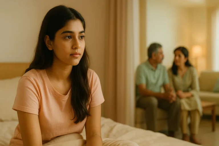 గదిలో మంచం మీద కూర్చొని ఆలోచనల్లో మునిగిపోయిన యువతి, వెనుక గదిలో తల్లిదండ్రులు మాట్లాడుకుంటున్న దృశ్యం