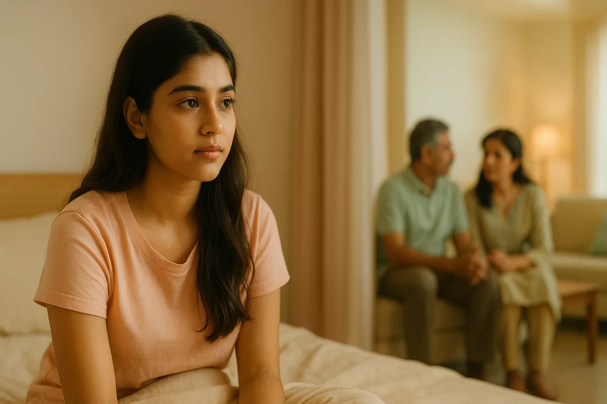 గదిలో మంచం మీద కూర్చొని ఆలోచనల్లో మునిగిపోయిన యువతి, వెనుక గదిలో తల్లిదండ్రులు మాట్లాడుకుంటున్న దృశ్యం