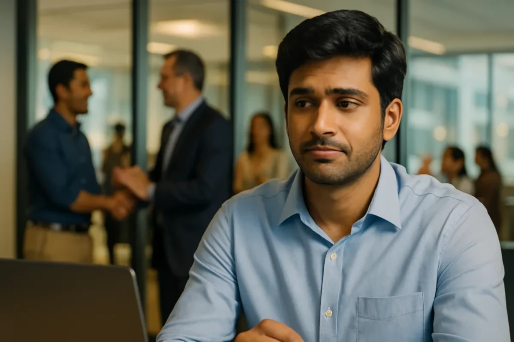 ఆఫీస్‌లో సహోద్యోగి అభినందనలు అందుకుంటుండగా, టేబుల్ దగ్గర కూర్చుని ప్రశాంతంగా కానీ బాధగా చూస్తున్న యువకుడు.