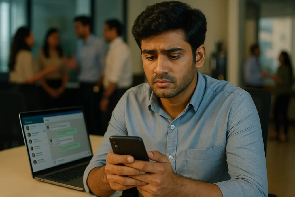 ల్యాప్టాప్ ముందు కూర్చుని ఫోన్లో ఆఫీస్ చాట్ చూస్తూ బాధతో ఉన్న యువకుడు, వెనుక సహచరులు మాట్లాడుకుంటున్నారు.