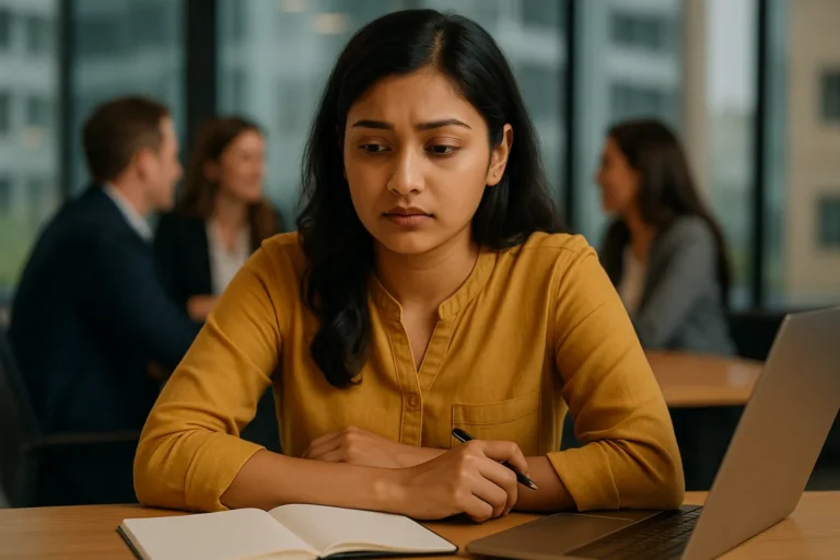 ల్యాప్‌టాప్ ముందు కూర్చుని భయంగా ఆలోచనలో ఉన్న యువతి, వెనుక సహచరులు మాట్లాడుకుంటున్నారు.