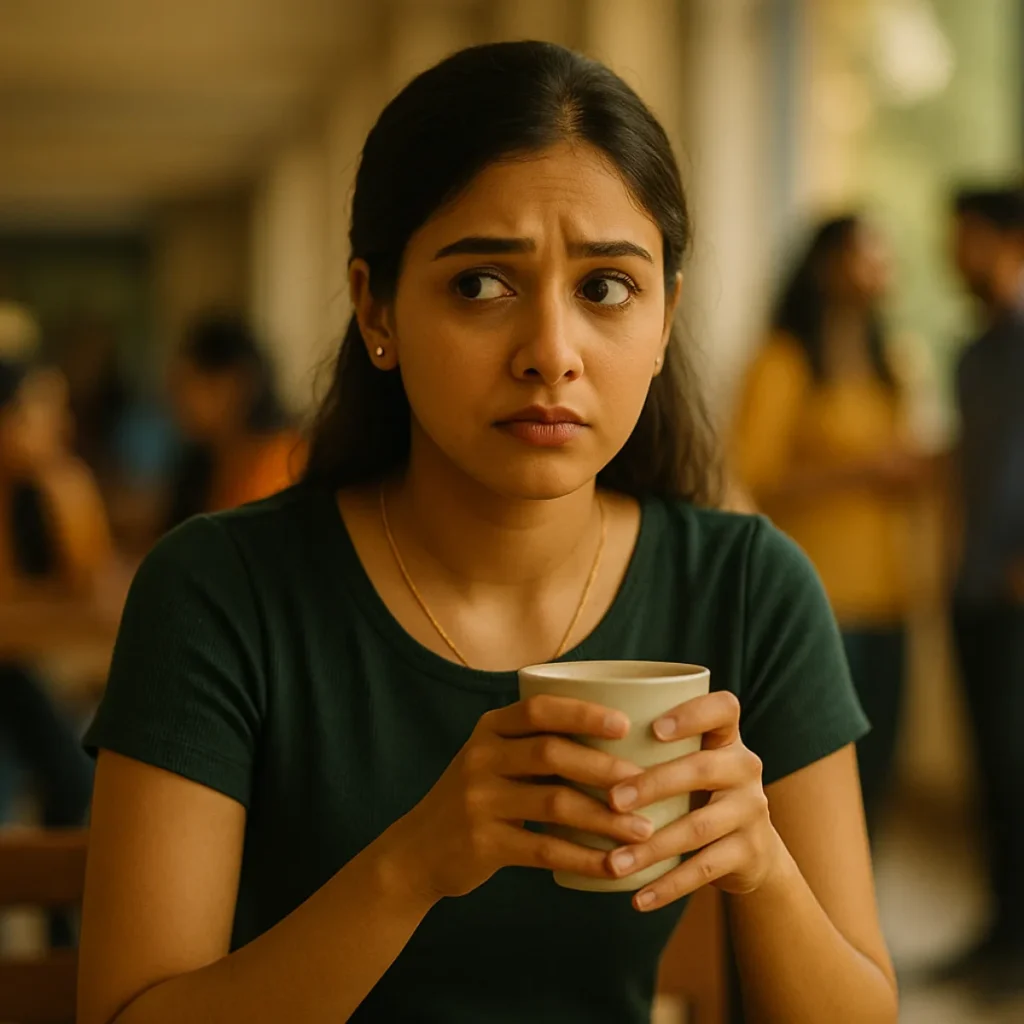 కాఫీ కప్పు పట్టుకుని ఆలోచనల్లో మునిగిపోయిన యువతి. వెనుక ఇతరులు మాట్లాడుతుండగా ఆమె ఆందోళనగా చుట్టూ చూస్తోంది.