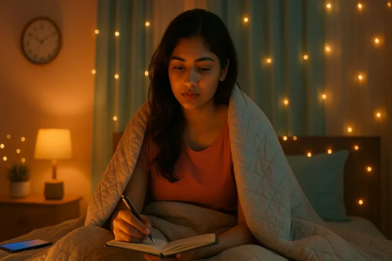 రాత్రి మంచంపై దుప్పటి కప్పుకుని నోట్‌బుక్‌లో రాస్తున్న తెలుగు అమ్మాయి, వెనుక ఫెయిరీ లైట్లు వెలుగుతున్నాయి.