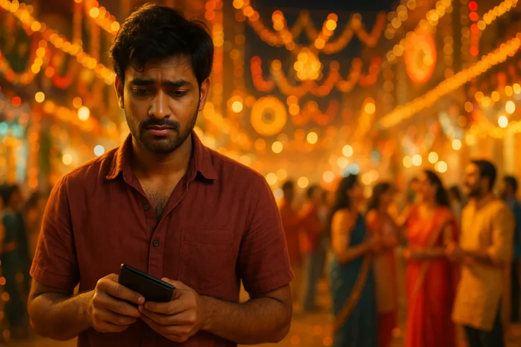 దీపాలతో వెలిగిన పండుగ వాతావరణంలో, యువకుడు చేతిలో మొబైల్ పట్టుకొని దిగులుగా చూస్తున్నాడు. చుట్టూ జనాలు సంతోషంగా మాట్లాడుకుంటున్నా, అతని ముఖంలో ఆర్థిక ఆందోళన, ఒంటరితనం కనిపిస్తున్నాయి.