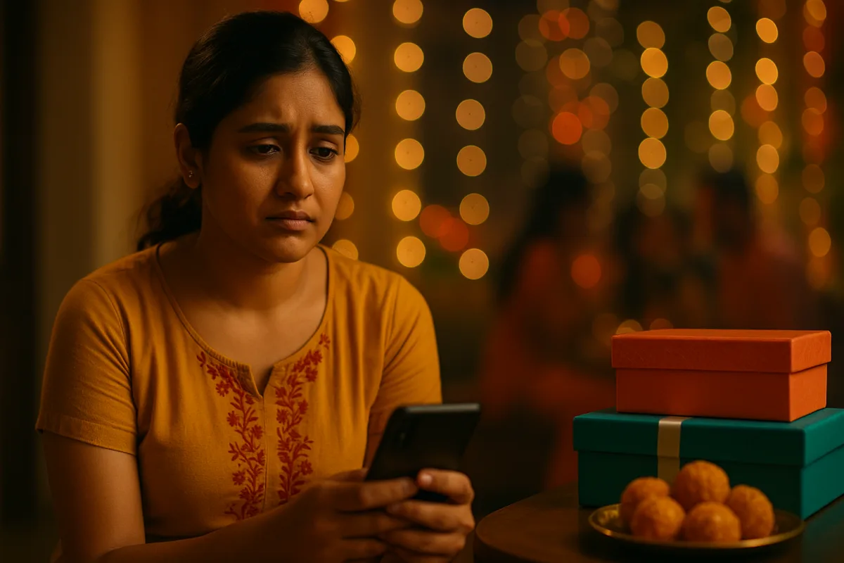 పండుగ వెలుగుల్లో యువతి చేతిలో మొబైల్ పట్టుకొని దిగులుగా చూస్తోంది. టేబుల్‌పై లడ్డూలు, గిఫ్ట్ బాక్సులు ఉన్నా ఆమె ముఖంలో ఆనందం కన్నా ఆలోచనల భారమే కనిపిస్తోంది.
