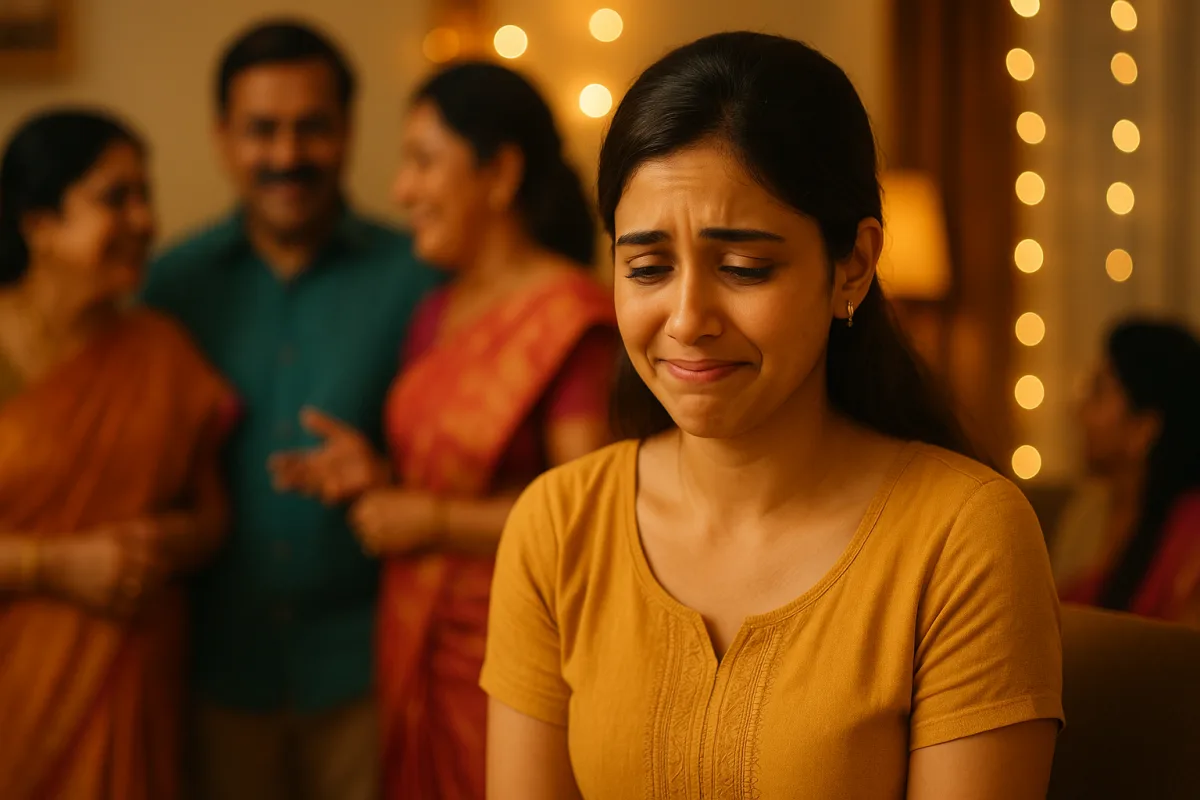 ఇంటి ఫంక్షన్‌లో కూర్చుని కన్నీళ్లు ఆపుకునే ప్రయత్నం చేస్తున్న యువతి. వెనుక పెద్దలు మాట్లాడుకుంటూ ఉన్నారు.