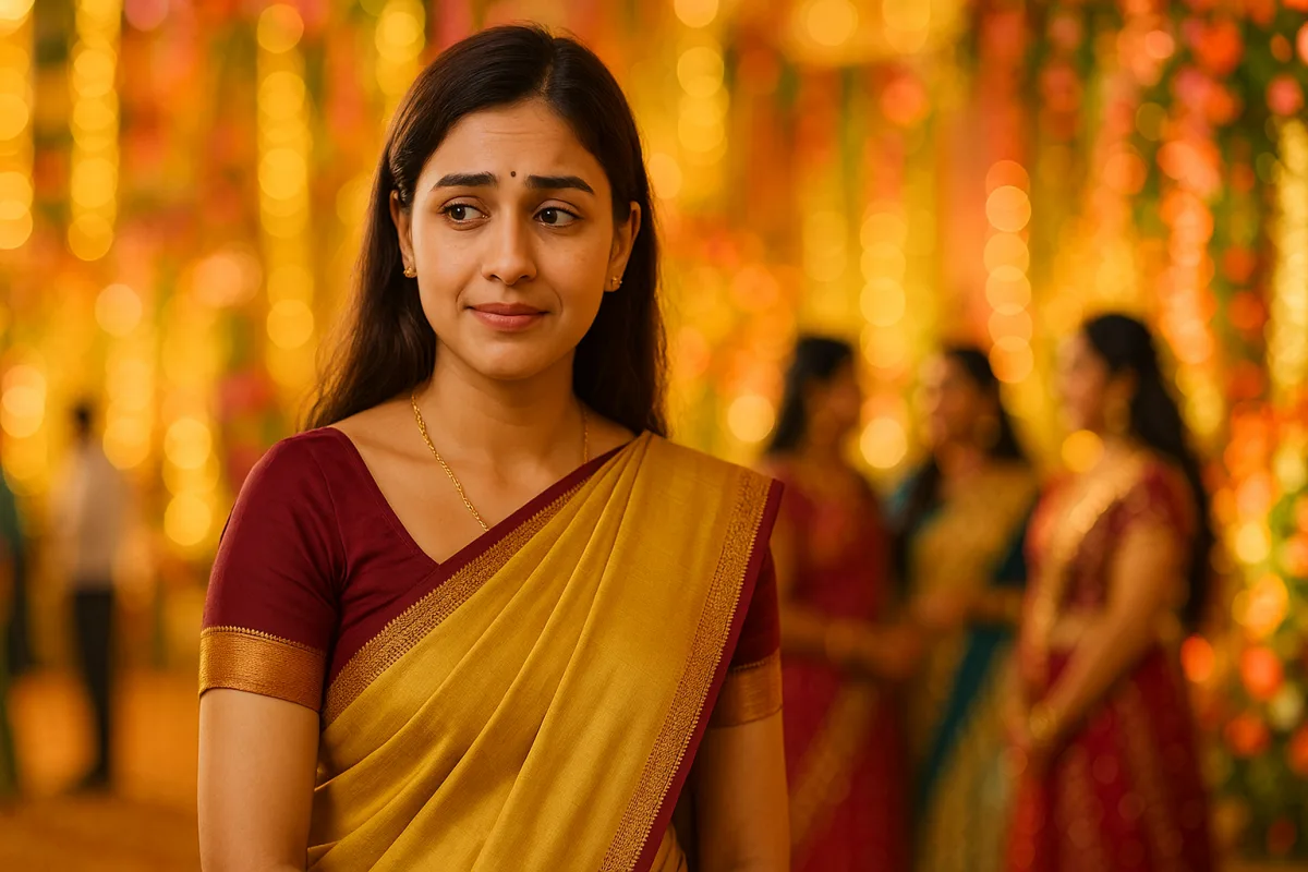 పెళ్లి ఫంక్షన్‌లో సాధారణ సారీ ధరించి చిరునవ్వుతో కానీ లోపల అసౌకర్యంగా ఉన్న యువతి. వెనుక ఇతర మహిళలు అద్దకమైన దుస్తుల్లో మాట్లాడుకుంటున్నారు.