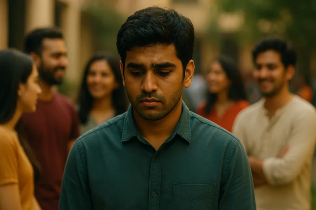 స్నేహితుల గుంపు మధ్య నిలబడి తలదించుకుని బాధగా ఉన్న యువకుడు. వెనుక ఉన్నవారు నవ్వుతూ మాట్లాడుతుండగా అతను ఒంటరిగా కనిపిస్తున్నాడు.