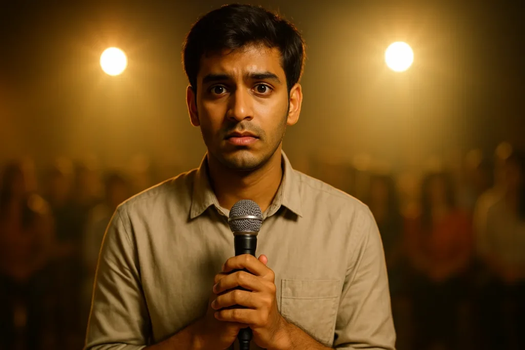 స్టేజ్ మీద మైక్ పట్టుకుని భయంతో ఉన్న యువకుడు. వెనుక ప్రేక్షకులు కూర్చుని ఉన్నారు, స్పాట్‌లైట్ అతని ముఖంపై పడుతోంది.