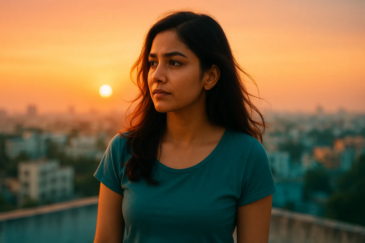 సూర్యాస్తమయం సమయంలో టెర్రస్‌పై నిలబడి ఆలోచనలో మునిగిపోయిన తెలుగు యువతి, ముఖంలో పశ్చాత్తాప భావం.