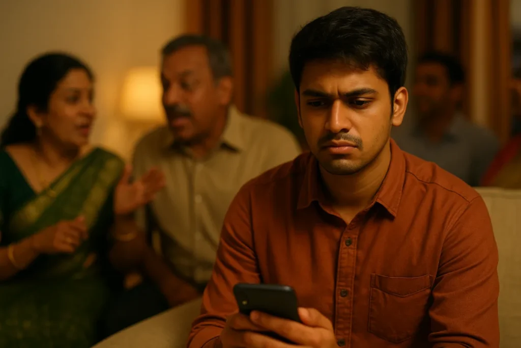 సోఫాపై కూర్చుని మొబైల్ చూస్తూ బాధతో ఉన్న యువకుడు. వెనుక తల్లిదండ్రులు కోపంగా మాట్లాడుతున్నారు. వాతావరణం టెన్షన్‌గా ఉంది.