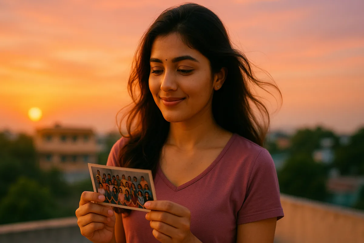 సాయంత్రపు సూర్యాస్తమయం సమయంలో పాత క్లాస్ ఫోటోను చూసుకుంటూ మెల్లగా నవ్వుతున్న తెలుగు అమ్మాయి.