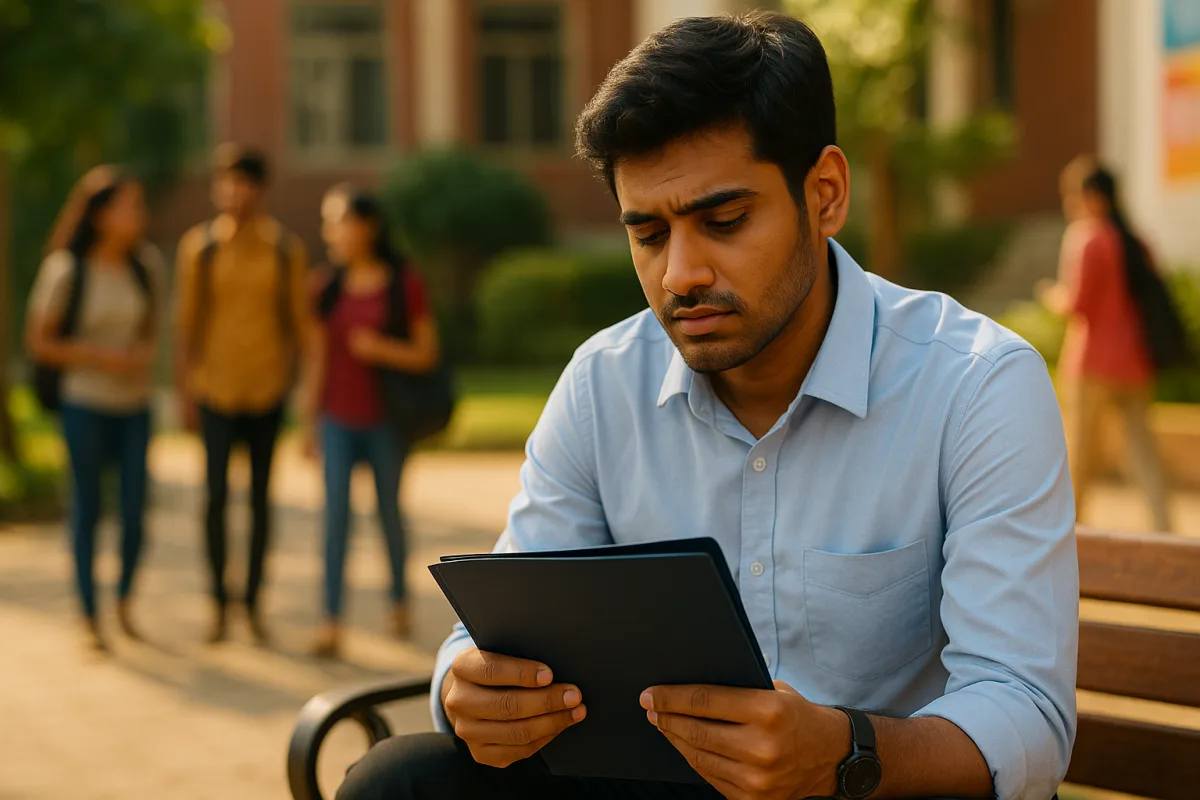 క్యాంపస్ ప్రాంగణంలో బెంచ్‌పై కూర్చొని యువకుడు ఫైల్ చూస్తూ దిగులుగా ఉన్నాడు. ఇంటర్వ్యూ ఫలితాలపై ఆందోళనతో, తనమీద నమ్మకం కోల్పోయినట్లు కనిపిస్తున్నాడు. వెనుక ఇతర విద్యార్థులు సంతోషంగా మాట్లాడుకుంటున్నారు.