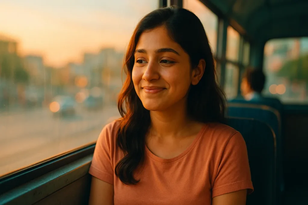బస్సు కిటికీ పక్కన కూర్చుని, సూర్యాస్తమయం కాంతిలో ఆనందంగా నవ్వుతున్న ఒక యువతి ముఖం.