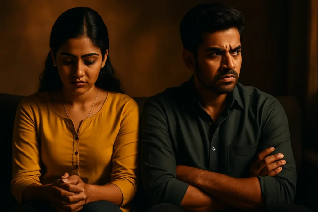 ఒక యువ దంపతులు పక్కపక్కనే కూర్చొని ఉన్నారు. మహిళ తలవంచి మౌనంగా ఉంది, పురుషుడు చేతులు మడిచుకొని కోపంతో పక్కకి చూస్తున్నాడు. ఇద్దరి మధ్య భావోద్వేగ దూరం స్పష్టంగా కనిపిస్తోంది.