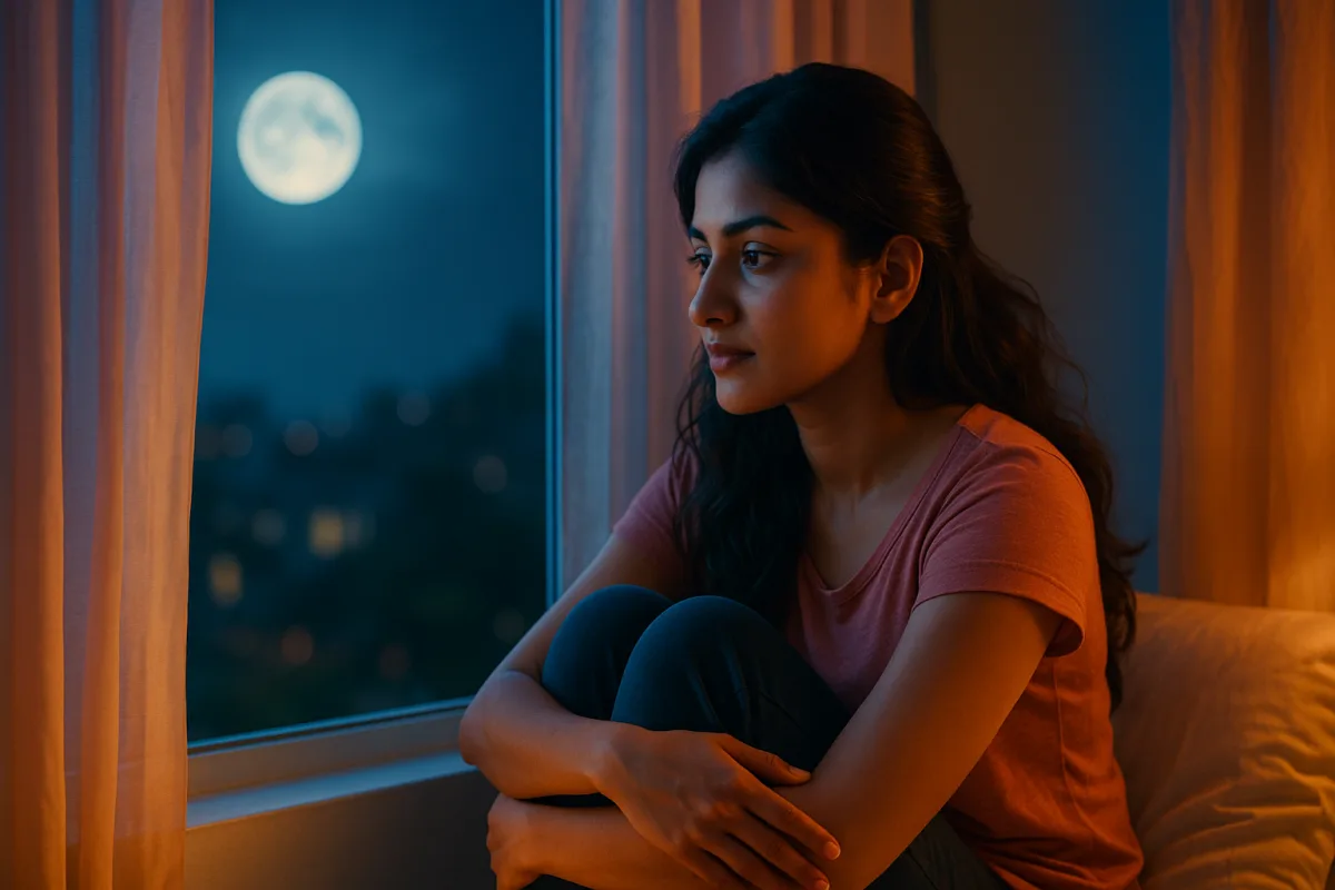 రాత్రి చంద్రుడిని కిటికీ నుంచి చూస్తూ మౌనంగా ఆలోచనల్లో మునిగిపోయిన తెలుగు అమ్మాయి, ముఖంలో ప్రశాంతమైన ఆవేదన.