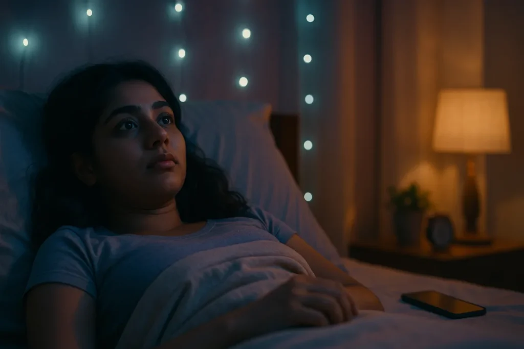 మంచంపై పడుకుని పైకి చూస్తూ ఆలోచనల్లో మునిగిపోయిన తెలుగు అమ్మాయి, గదిలో మసక వెలుతురు మరియు ఫెయిరీ లైట్లు.