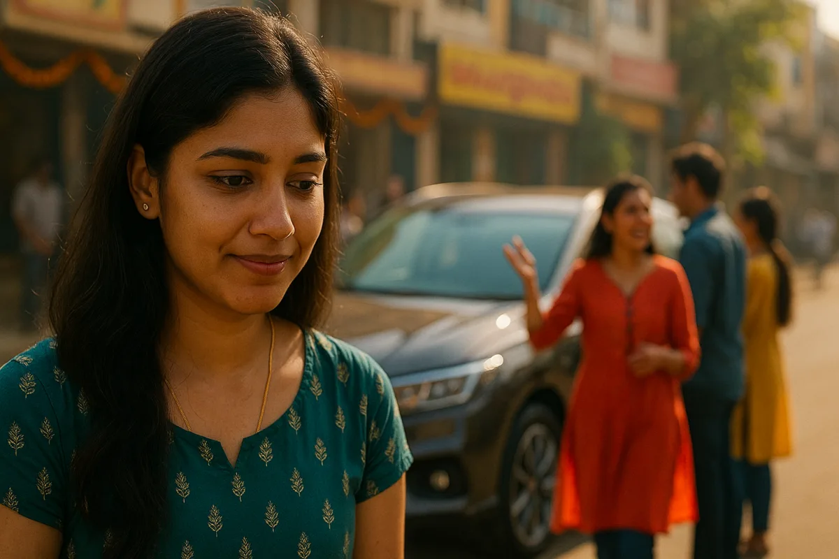 రోడ్డుపై కొత్త కారు దగ్గర తన స్నేహితులు ఆనందంగా మాట్లాడుకుంటూ ఉన్నప్పుడు, ఒక యువతి పక్కగా నిలబడి స్వల్పంగా నవ్వుతూ లోలోపల అసౌకర్యం అనుభవిస్తోంది. ఆమె ముఖంలో నిశ్శబ్ద పోలికలు, అసురక్షిత భావన ప్రతిఫలిస్తున్నాయి.