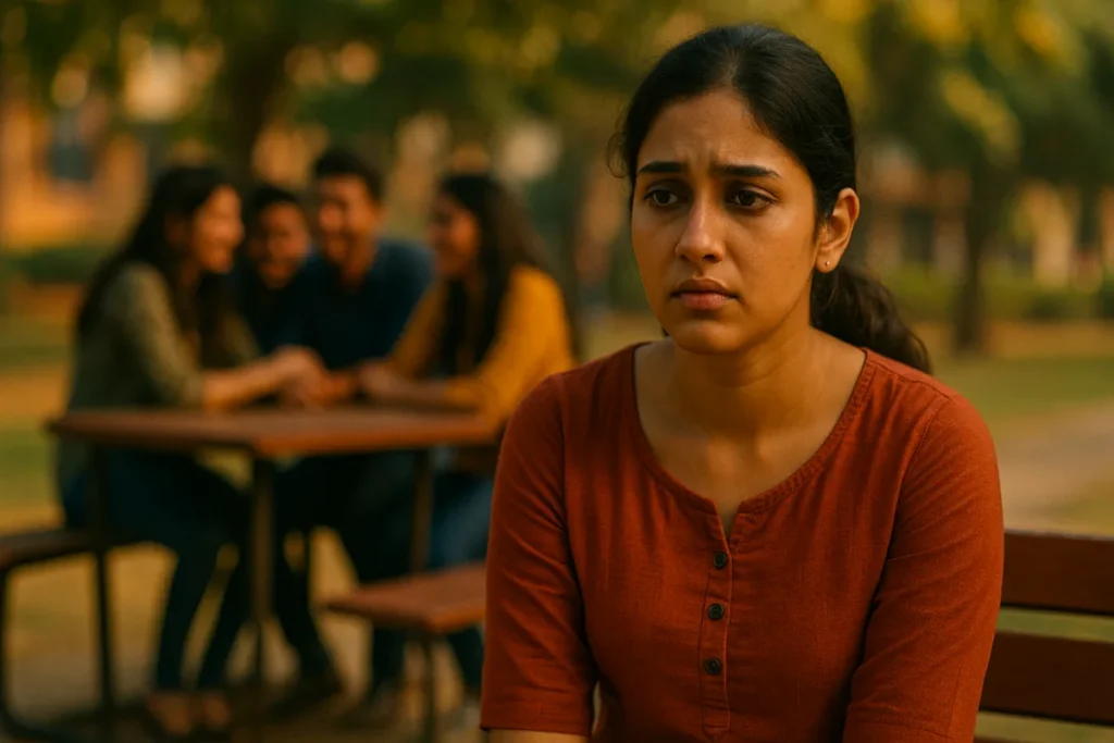 పార్క్‌లో బెంచ్‌పై కూర్చుని బాధగా ఉన్న యువతి, వెనుక స్నేహితులు నవ్వుకుంటూ మాట్లాడుతున్నారు.