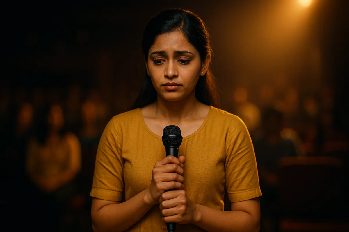 ప్రేక్షకుల ముందర మైక్ పట్టుకుని తలదించుకుని టెన్షన్‌గా ఉన్న యువతి. వెనుక స్పాట్‌లైట్ కాంతి పడుతోంది.
