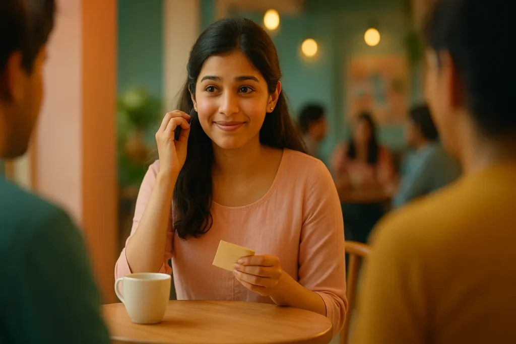 కేఫ్‌లో ఇద్దరు స్నేహితుల మధ్య కూర్చుని, చేతిలో కార్డుతో నవ్వుతున్న యువతి. చుట్టూ ఉన్న కాంతి ఆమె ముఖంపై ప్రశాంతతను చూపిస్తుంది.