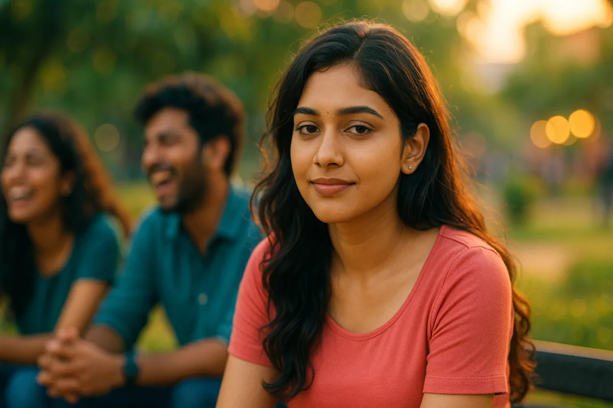 పార్క్‌లో ఫ్రెండ్స్ నవ్వుతుండగా పక్కన కూర్చుని నిశ్శబ్దంగా ఉన్న తెలుగు అమ్మాయి.