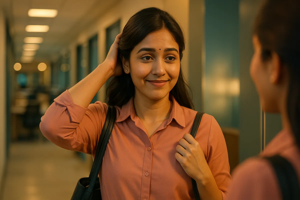 ఆఫీస్ కారిడార్‌లో అద్దం ముందు నవ్వు నటిస్తూ నిలబడి ఉన్న తెలుగు అమ్మాయి, ముఖంలో దాచిన అలసట స్పష్టంగా కనిపిస్తుంది.