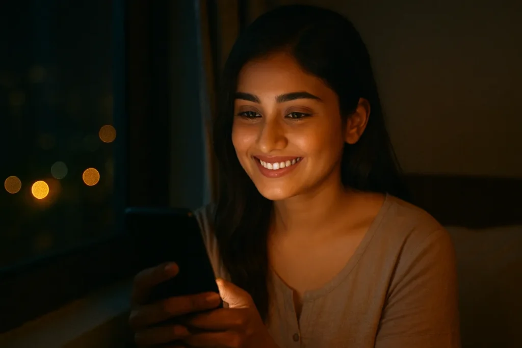 రాత్రి గదిలో కూర్చుని మొబైల్‌లో ఏదో చూస్తూ చిరునవ్వుతో ఉన్న యువతి. మొబైల్ కాంతి ముఖంపై మృదువుగా పడుతోంది.