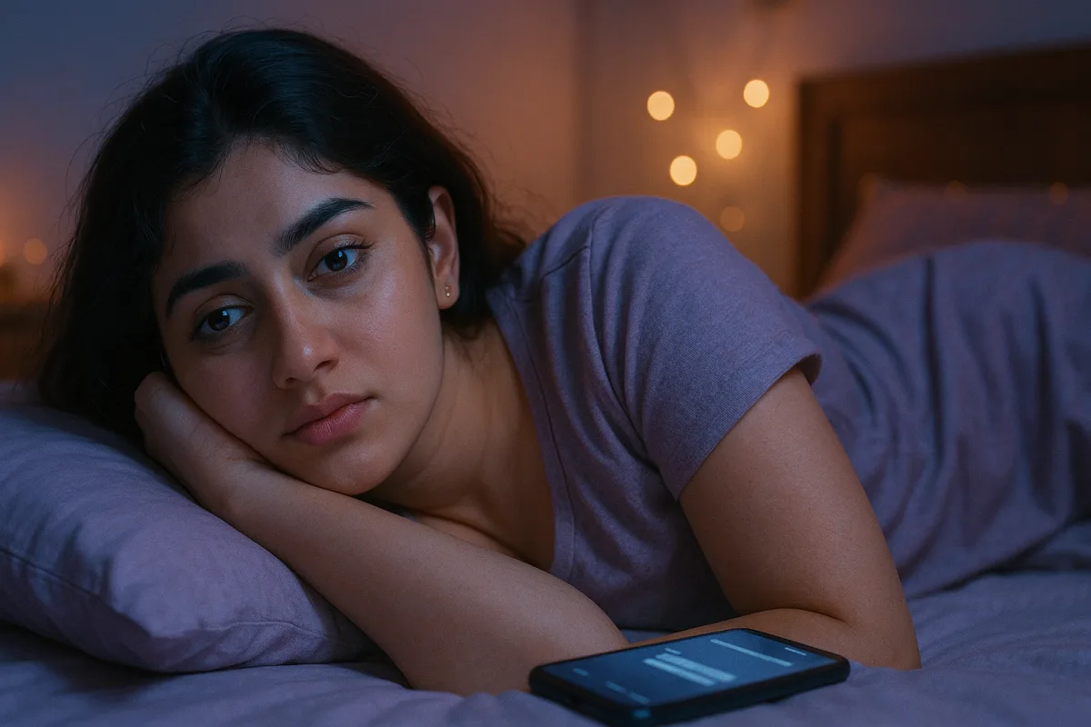 మంచంపై ఫోన్ పక్కన పెట్టుకుని కన్నీళ్లతో అలసిపోయిన ముఖంతో ఉన్న తెలుగు అమ్మాయి, కళ్లలో బాధ స్పష్టంగా కనిపిస్తోంది.