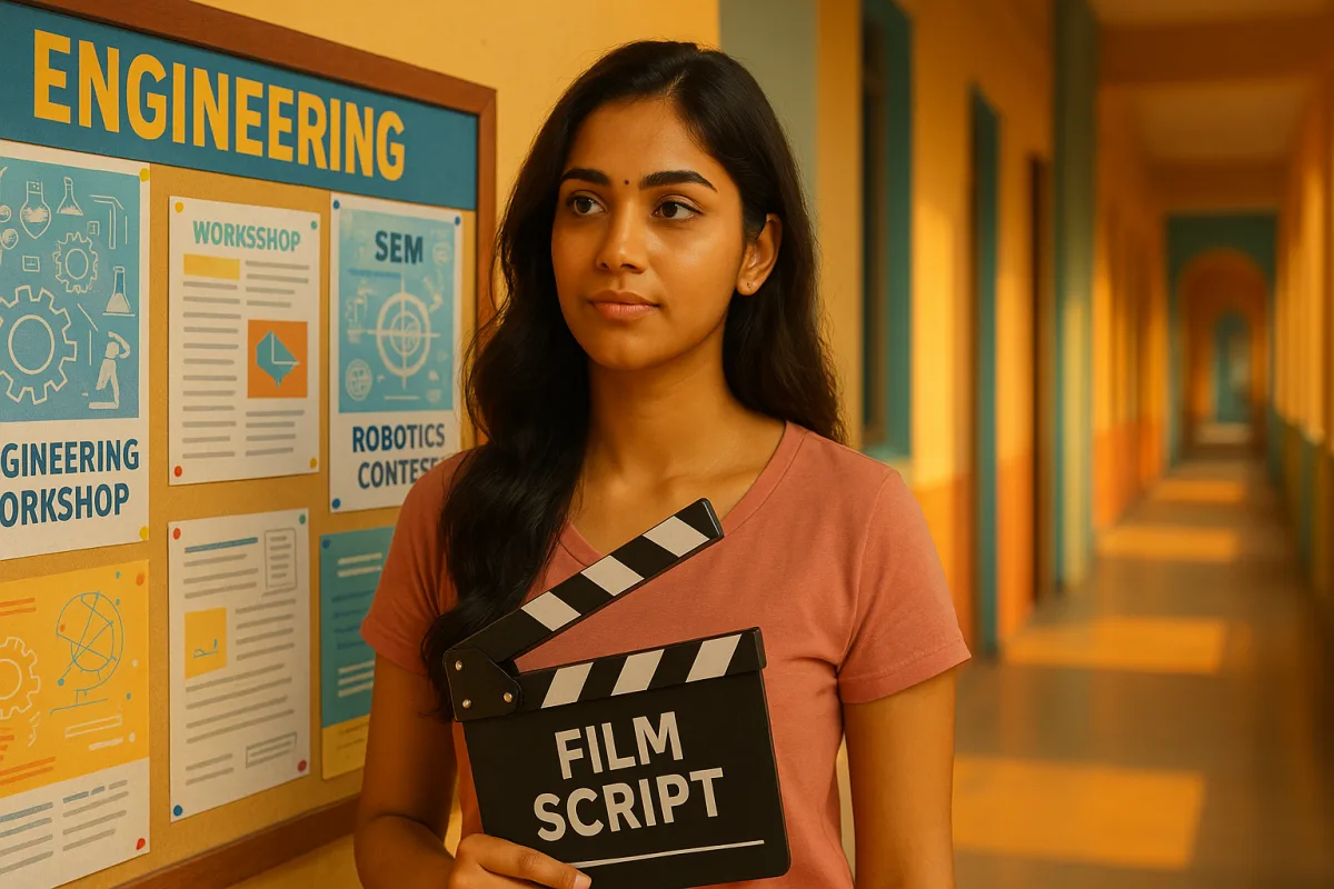 ఇంజినీరింగ్‌ నోటీస్‌బోర్డ్‌ ముందు ఫిల్మ్‌ స్క్రిప్ట్‌ క్లాపర్‌ పట్టుకుని ఆలోచనలో ఉన్న యువతి