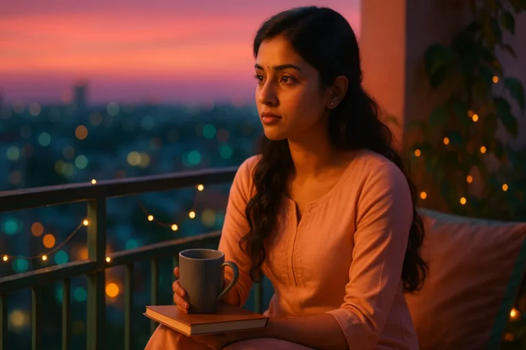సూర్యాస్తమయ కాంతిలో బాల్కనీలో కూర్చొని కాఫీ కప్పు, పుస్తకం పట్టుకుని ఆలోచనలో ఉన్న యువతి