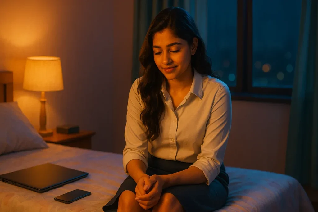 రాత్రి పని దుస్తుల్లో మంచంపై కూర్చుని స్వల్పంగా నవ్వుతున్న తెలుగు అమ్మాయి, పక్కన ల్యాప్‌టాప్ మరియు ఫోన్ ఉన్నాయి.