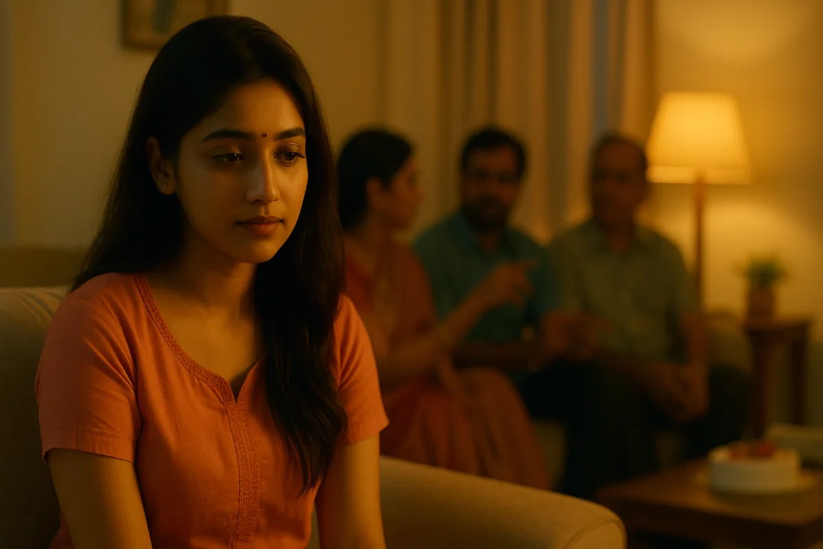 కుటుంబం మాట్లాడుకుంటుండగా పక్కన నిశ్శబ్దంగా కూర్చున్న తెలుగు అమ్మాయి, ముఖంలో స్వల్ప బాధ.