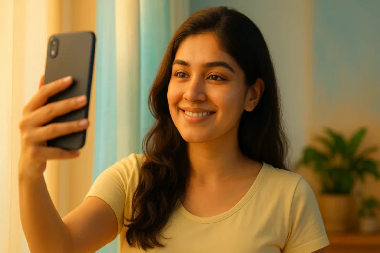సహజ కాంతిలో కర్టెన్‌ దగ్గర నిలబడి ఫోన్‌తో సెల్ఫీ తీసుకుంటూ చిరునవ్వు చిందిస్తున్న యువతి