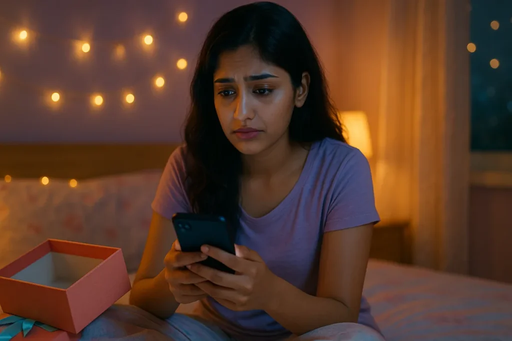 మంచంపై కూర్చుని ఫోన్లో చూసుకుంటూ నిరాశగా ఉన్న తెలుగు అమ్మాయి, పక్కన ఖాళీ గిఫ్ట్ బాక్స్ ఉంది.