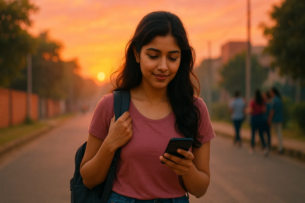 సాయంత్రపు సూర్యాస్తమయం సమయంలో రోడ్డుపై ఫోన్ చూస్తూ నడుస్తున్న తెలుగు అమ్మాయి, వెనుక స్నేహితుల గ్రూప్ మాట్లాడుకుంటున్నారు.