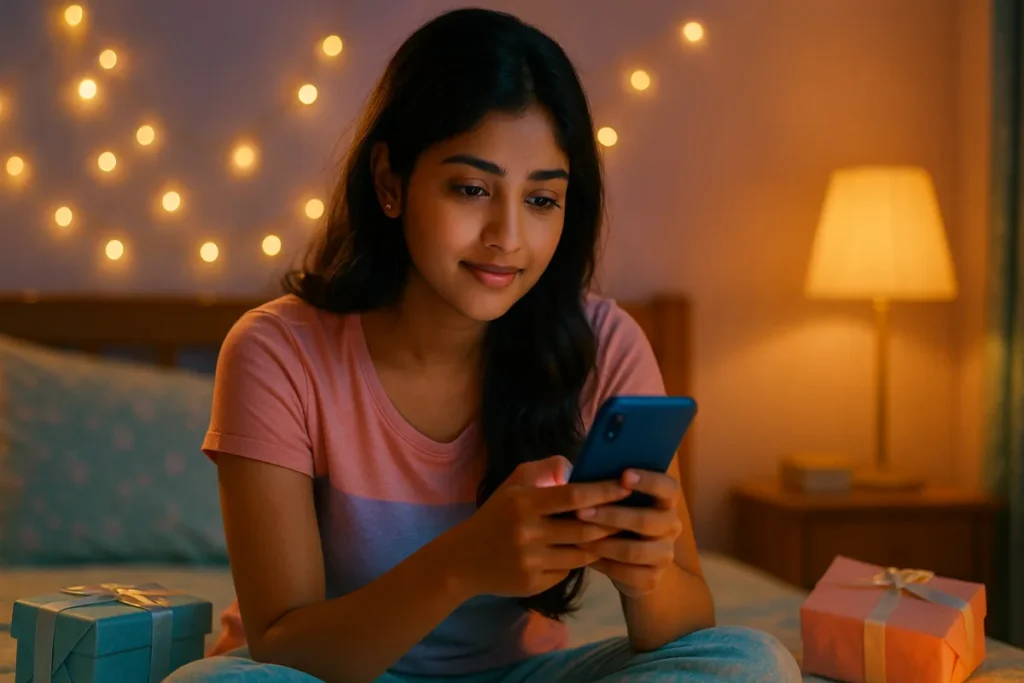 మంచంపై కూర్చుని ఫోన్లో చూస్తూ స్వల్పంగా నవ్వుతున్న తెలుగు అమ్మాయి, చుట్టూ గిఫ్ట్ బాక్స్లు మరియు సాఫ్ట్ లైట్లు.