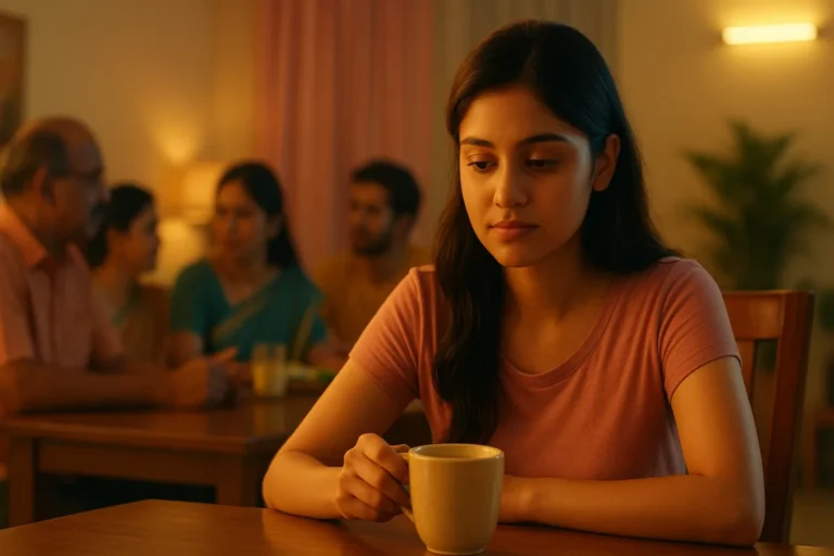 డైనింగ్ టేబుల్ వద్ద కాఫీ కప్పు పట్టుకుని మౌనంగా కూర్చున్న తెలుగు అమ్మాయి, వెనుక కుటుంబ సభ్యులు మాట్లాడుకుంటున్నారు.