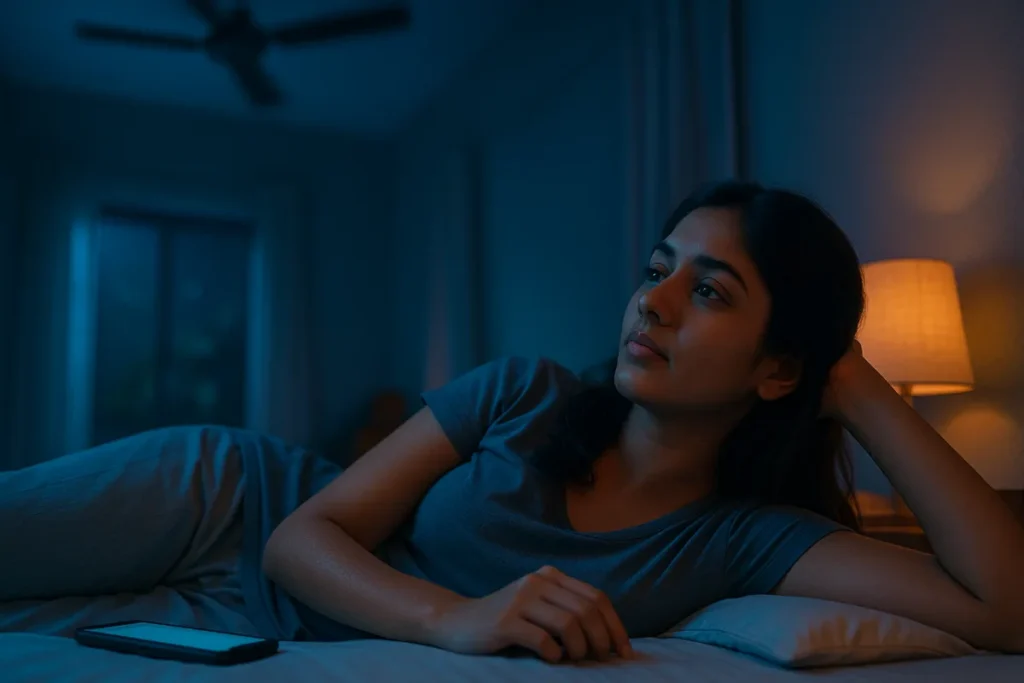 రాత్రి మంచంపై పడుకుని ఆలోచనల్లో మునిగిపోయిన తెలుగు అమ్మాయి, గదిలో లైట్ మసకగా వెలుగుతోంది, పక్కన ఫోన్ ఉంది.