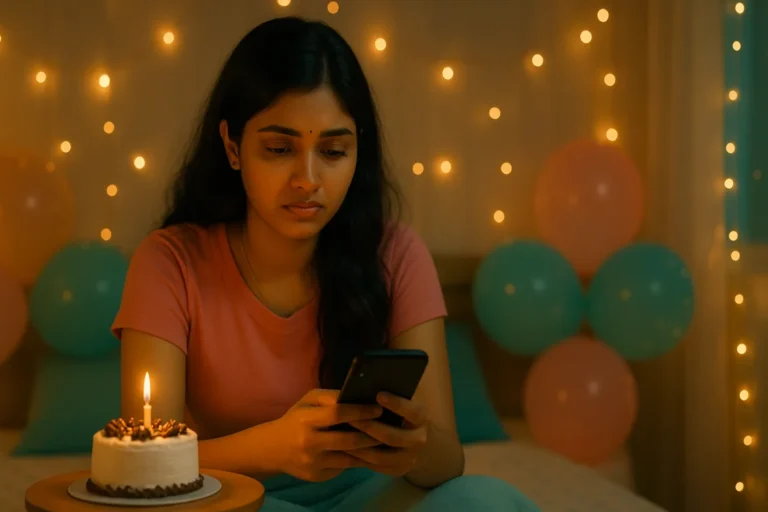 పుట్టినరోజు కేక్ ముందు ఫోన్ పట్టుకుని నిరాశగా కూర్చున్న తెలుగు అమ్మాయి, వెనుక బెలూన్లు మరియు లైట్లు వెలుగుతున్నాయి.