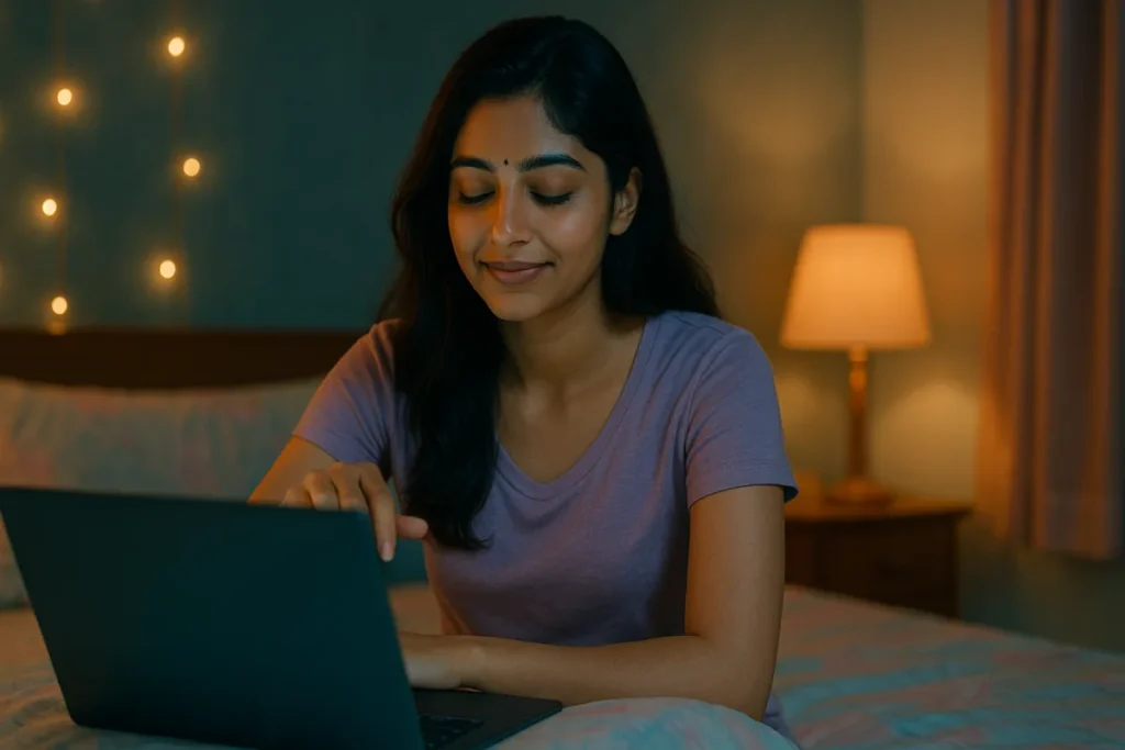 ల్యాప్టాప్ ముందు కూర్చుని స్వల్పంగా నవ్వుతున్న తెలుగు అమ్మాయి, రాత్రి గదిలో లైట్ల వెలుగులో అలసట దాచుకుంటూ ఉంటుంది.