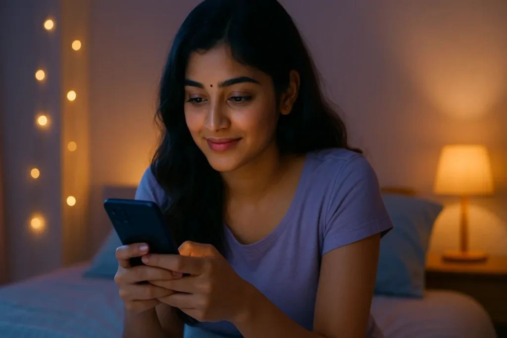 రాత్రి గదిలో కాంతి మధ్య ఫోన్ చూస్తూ స్వల్పంగా నవ్వుతున్న తెలుగు అమ్మాయి, ముఖంలో నిశ్శబ్ద సంతృప్తి.