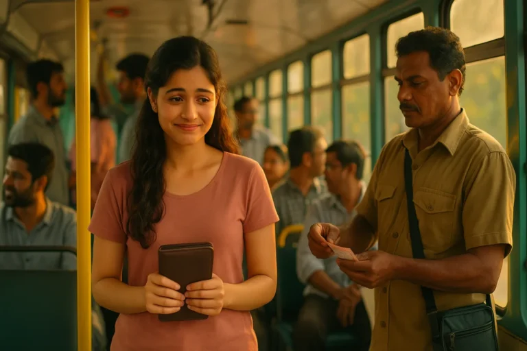 బస్సులో ఇబ్బంది పడుతున్న యువతి, చేతిలో పర్స్ పట్టుకుని కండక్టర్ వైపు చూస్తోంది. కండక్టర్ ఆమెకు టికెట్ ఇస్తున్నాడు. చుట్టూ ప్రయాణీకులు ఉన్నారు.