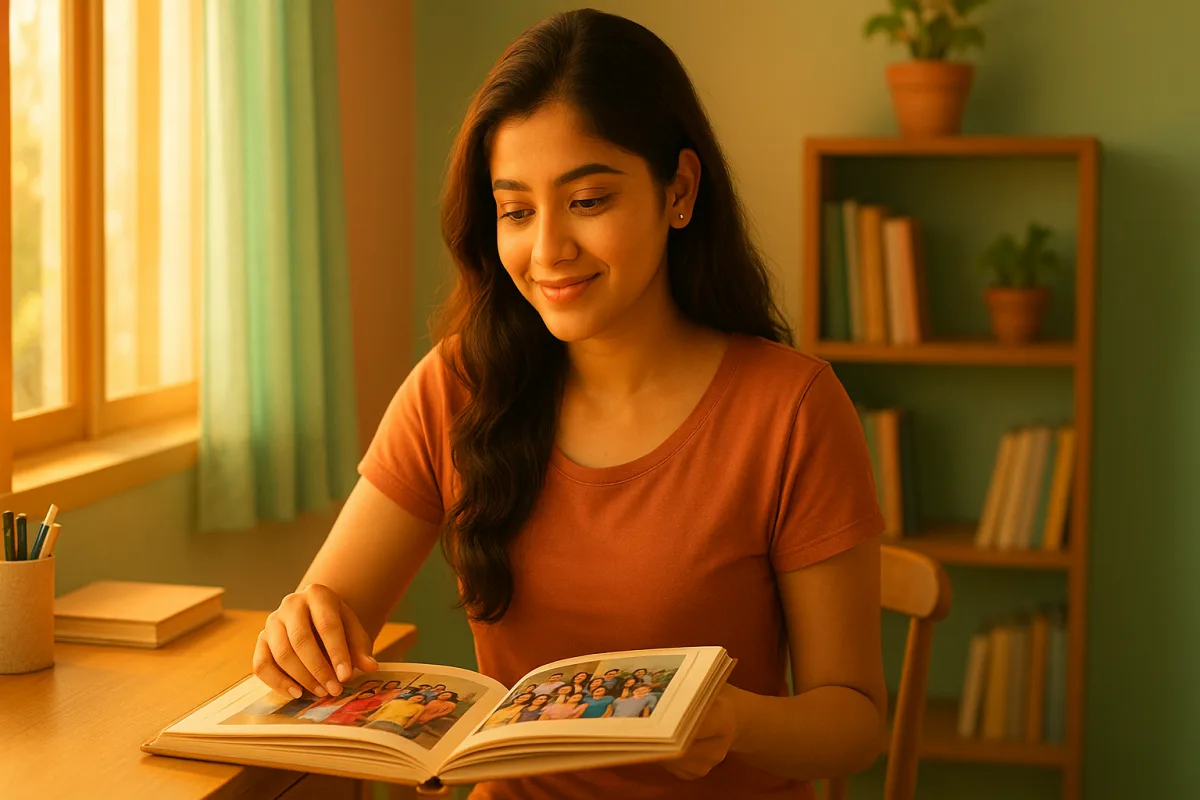 సాయంత్రపు కాంతిలో స్టడీ టేబుల్‌ దగ్గర కూర్చొని పాత ఫోటో ఆల్బమ్‌ చూస్తూ చిరునవ్వు చిందిస్తున్న యువతి