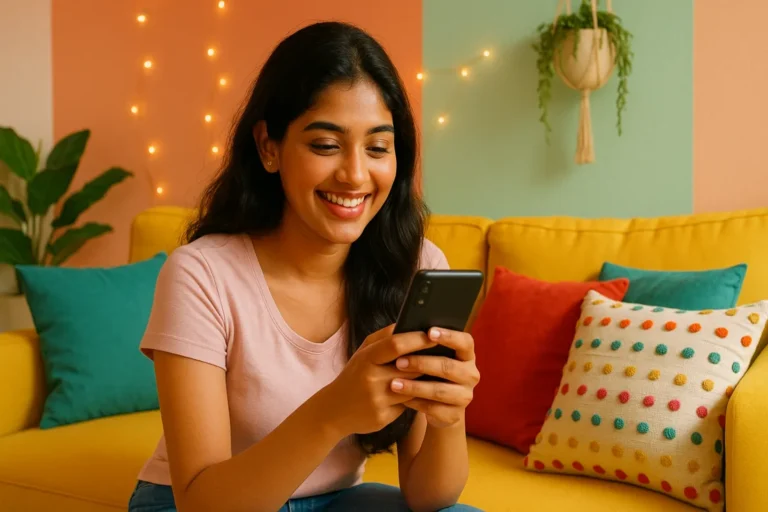 ప్రకాశవంతమైన గదిలో కూర్చొని ఫోన్‌లో రీల్స్ చూస్తూ నవ్వుతున్న యువతి