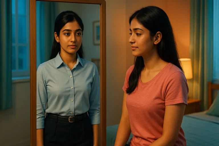 అద్దం ముందు కూర్చుని తనను తాను చూసుకుంటున్న తెలుగు అమ్మాయి, బయట ప్రొఫెషనల్ లుక్‌లో, లోపల సింపుల్ రూపంలో కనిపిస్తుంది.